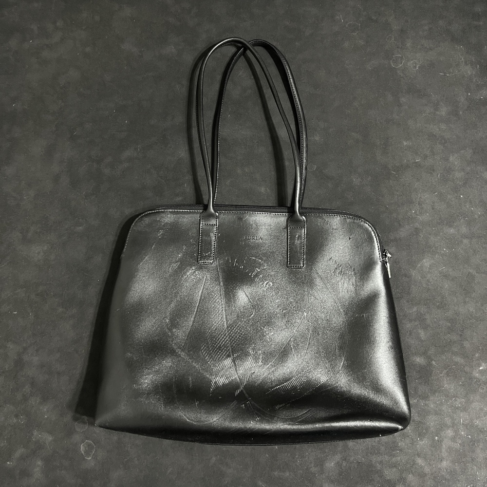 Furla Leather Tote Bag Womens Large Black Zip Top Shoulder Work Made In Italy